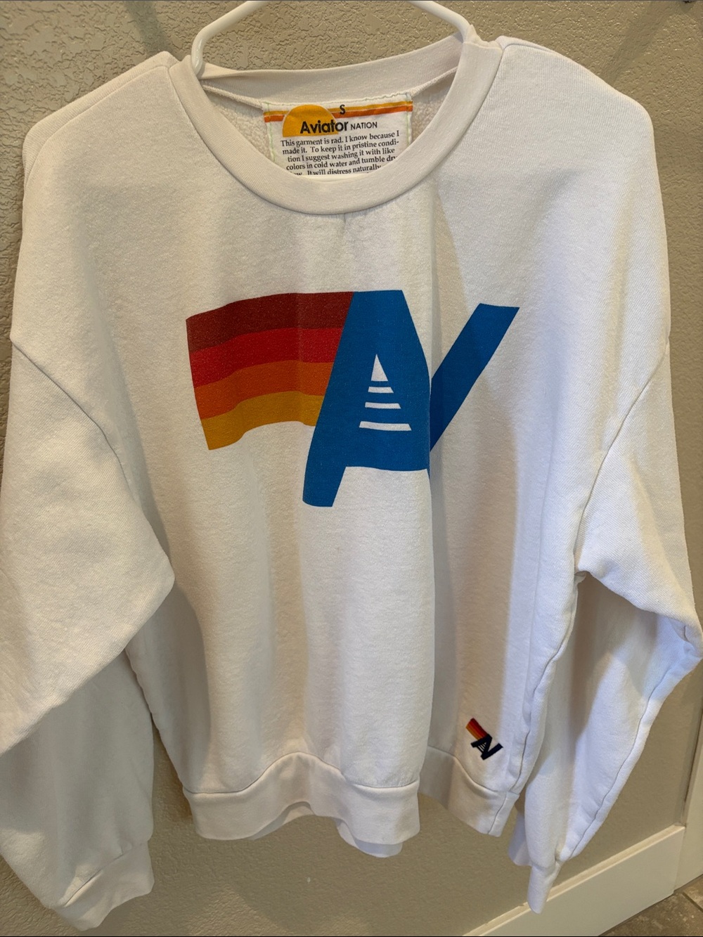 Aviator Nation White Crewneck with Blue Logo and Red-Orange Stripe